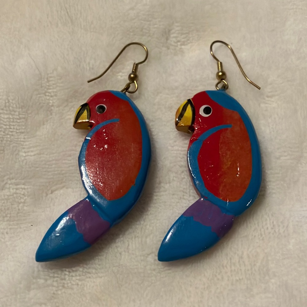 Colorful, wooden, hand painted 2” parrot earrings